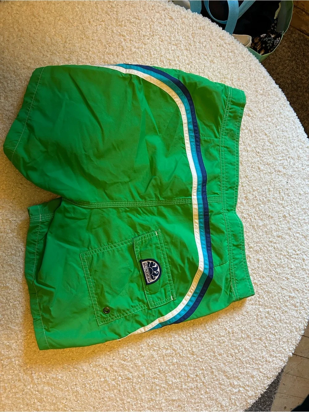 Sundek Green Swim Shorts with White Drawstring and Blue Stripe vintage